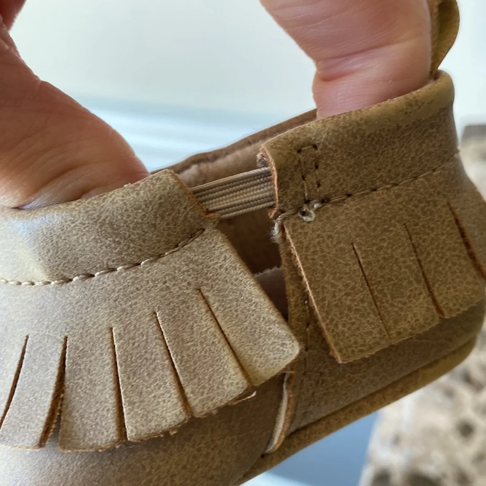 0-3M camel colored fringe trim soft sole shoes